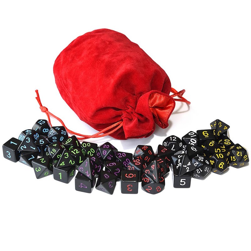 Opaque Black Polyhedral Dice 6  and Drawstring Velvet Pouch - 图0