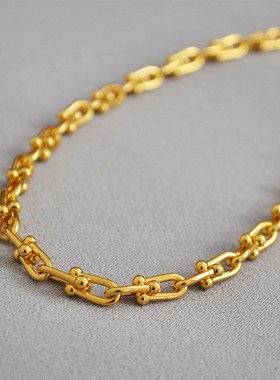 INS博a主同款欧美小众金色U型锁扣黄铜电镀18K金冷淡风粗链条项链