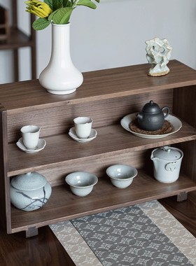 黑胡桃木桌面置物架实木双层茶室书桌收纳架新中式杂物储物架