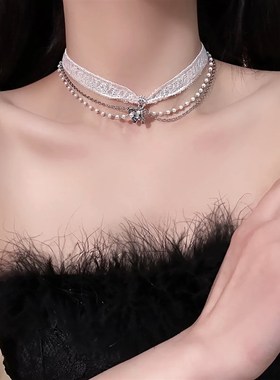 白色布艺流苏蝴蝶多层颈链锁骨链女D时尚小众甜美百搭气质轻奢项