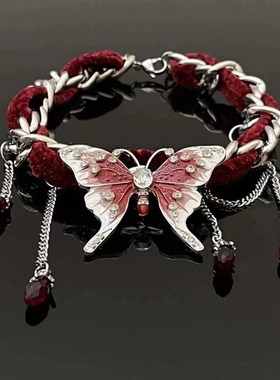 红丝绒蝴蝶流苏项链n女秋冬辣妹甜酷颈链小众甜美潮流设计感锁骨