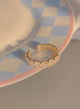 韩版复古锆石微镶珍珠戒指开口百搭高级感指环冷淡风个性食指戒潮