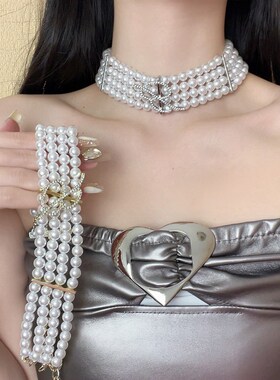 时尚个性镶钻字母宽版珍珠项链轻奢高级感串珠锁骨链小众气质颈链