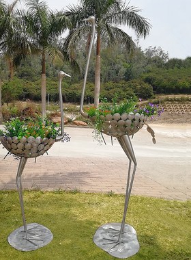 户外庭院景观不锈钢鸵鸟花盆摆件园林草坪M广场镂空雕塑创意装饰