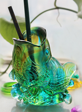 琉璃烧制鱼笔筒企业奖杯年会纪念品家居桌面摆件装W饰品生日礼品