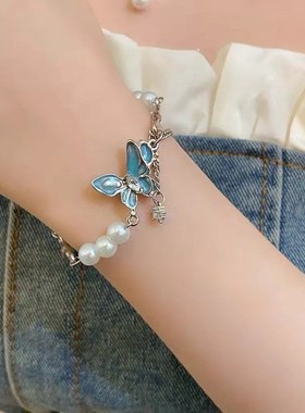 甜酷清冷感蓝色蝴蝶珍珠项链女小众设计感锁骨链高U级感气质颈链