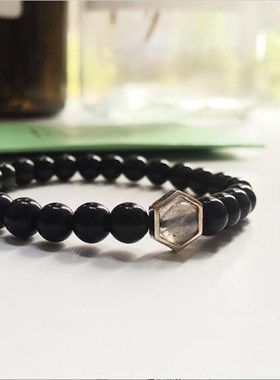 原创情侣守护天然黑曜石串珠爱情月光石银弹力能量手链百搭男女潮