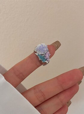 小众高货新中式渐变紫色蝴蝶结花朵手工戒指国潮古风宽版镶钻开口