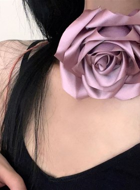盛开的缎面玫瑰系带颈部项链腰链胸花塑身腰带身体链造型感配饰女