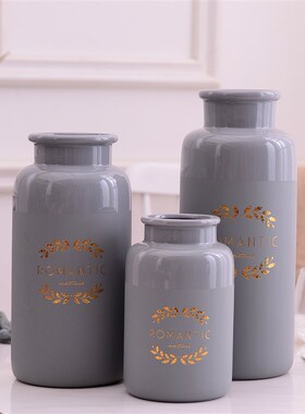 简约现代黑灰色陶瓷花瓶三件套家居装饰工艺品摆件工艺品软装