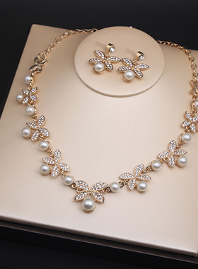 小清新珍珠花型短项链耳针首饰套装女时尚百搭精巧水钻Z锁骨链配