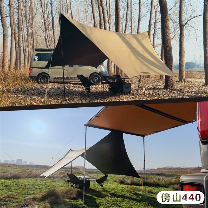 简森户外傍山黑胶天幕六角八角超大露营蝶形遮阳棚防雨两用车边帐 - 图2
