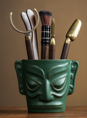 三星堆面具陶瓷复古青铜r绿桌面文具收纳笔筒摆件文化创意纪念礼