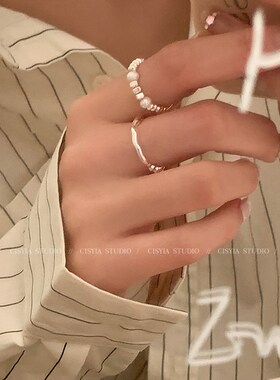 现货轻奢小众设计感不规则碎银子珍珠戒指女时尚R个性食指戒高级