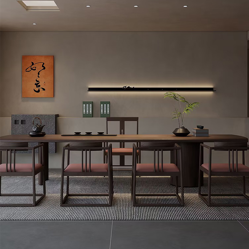新中式茶桌椅组合胡桃木实木办公室功夫茶台禅意茶室茶艺桌家具 - 图0