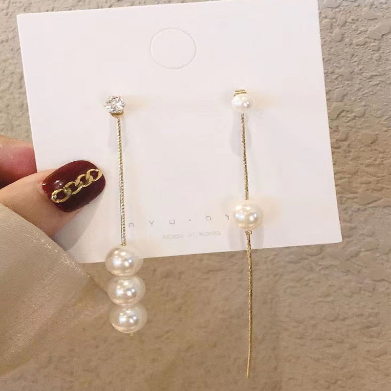 速发Long pearl rhinestones women's asymmetrical tassel earri - 图1