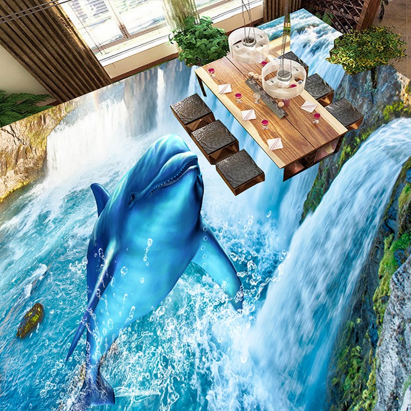 推荐3D Wallpaper Modern Waterfalls Dolphin Floor Tiles Mural - 图1