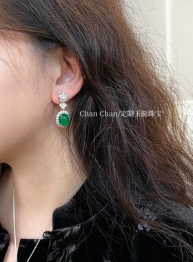 真绿玉髓新中式饰品耳环女国风2025新款辣绿色大蛋面镶嵌满钻耳坠
