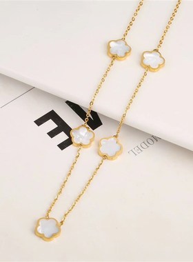 跨境爆款五叶草花朵钛钢项t链女轻奢高级感18k五叶草贝母项链饰品