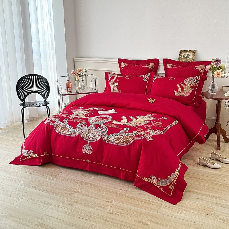 龙凤刺绣四件套大红色结婚床上用品中式婚庆全棉秋冬磨毛保暖,淘宝优惠券,粉丝福利购,淘宝优惠卷