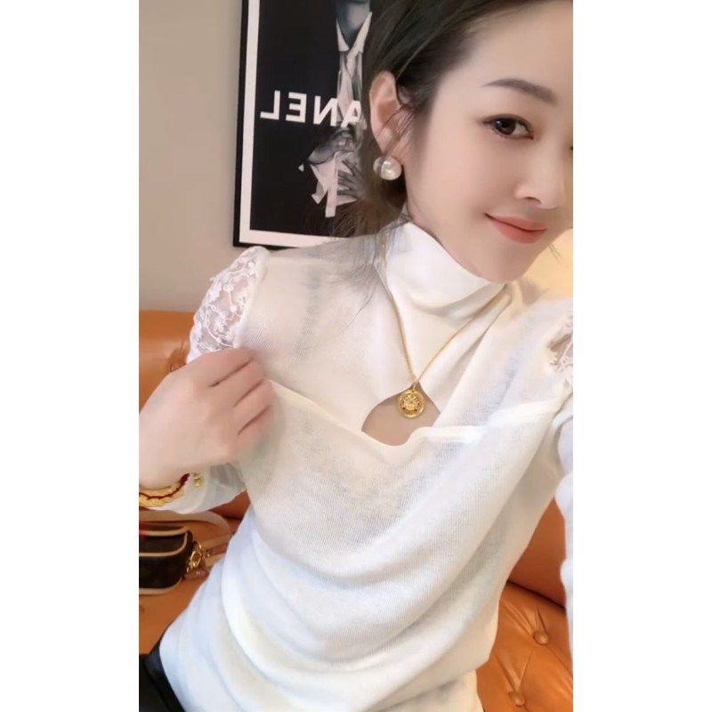 秋冬款胸前镂空针织衫长袖女露肩蕾丝拼接内搭毛衣高领打底衫上衣,淘宝优惠券,粉丝福利购,淘宝优惠卷