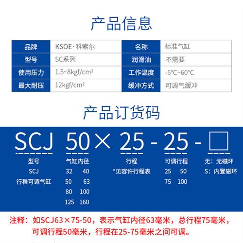 大推力可调行程气缸SCJ32X40-50X63XB80X100X125X160-25*75*15 - 图0