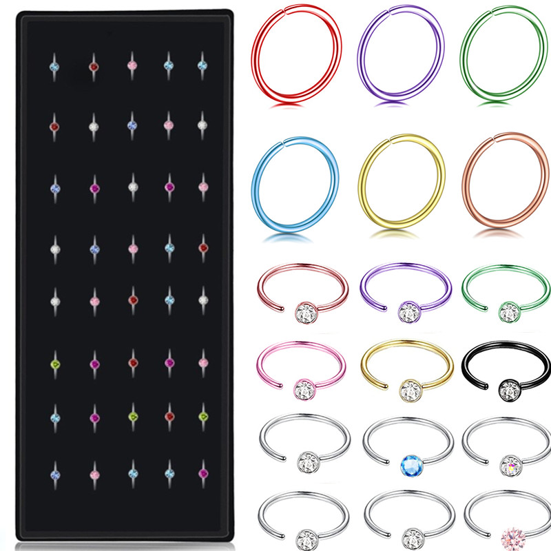 推荐40PCS Stainelss Steel Crystal Hoop Nose Ring Set 20G Car - 图0