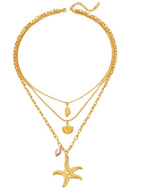 欧美时尚三层珍珠l海星吊坠项链小众设计复古贝壳螺不锈钢项链女