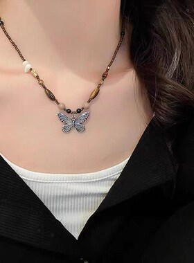 新中式复古蝴蝶串珠项链女古风小众高级感颈链轻奢简约Z百搭锁骨