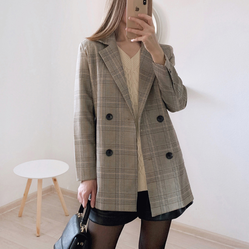 Offica Ledies Notcphed Collar Plaid Women Blazer Double Brea - 图2