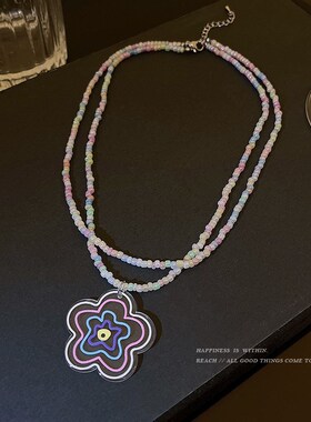 现货花朵彩色串珠项链女双层叠戴甜酷风锁骨链嘻哈爱心轻奢颈链批