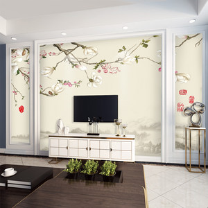 3d中式花鸟电视背景墙壁纸欧式手绘玉兰壁纸卧室沙发无缝壁画墙布