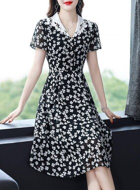 夏季雪纺连衣裙2023新款印花a字收腰夏气质蕾丝翻领流行裙子显瘦
