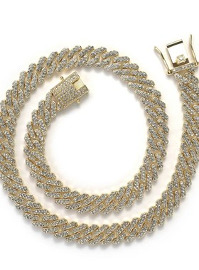 12mm菱形满钻古巴项链cuban link男女通用K手链时尚潮流diy链Chai