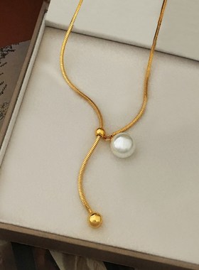 铜镀真金气质优雅简约设计珍珠毛衣链个性复古小众Q可调节项链216