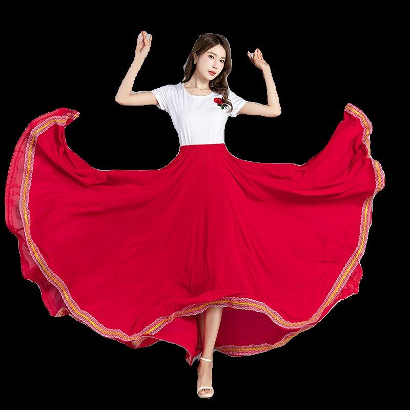 蕗依纯红色半身长裙女a字春夏雪纺显瘦新疆广场舞裙大摆720垂坠感,淘宝优惠券,粉丝福利购,淘宝优惠卷