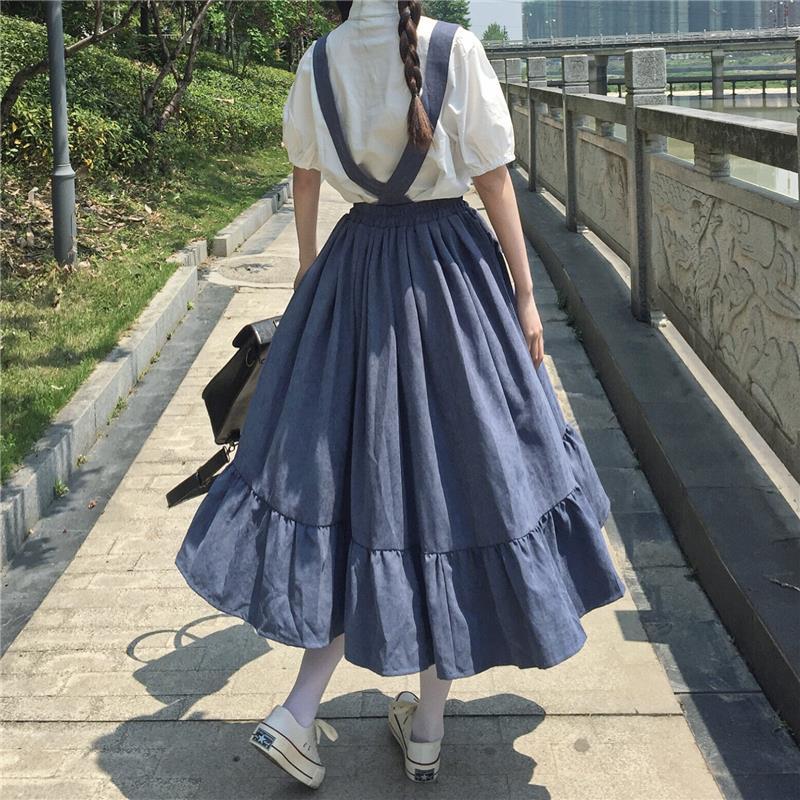 新品New Sweet Women Skirt Preppy Style Strap Long Skirt Ruff - 图2