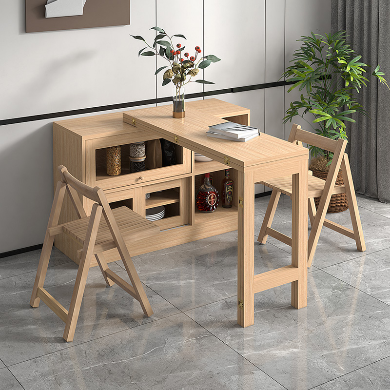 北欧实木可折叠餐桌子家用小户型多功能可伸缩日式餐边柜一体吧台 - 图0
