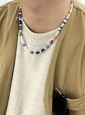 工厂销彩色琉璃珍珠l项链男生多巴胺穿搭小众设计潮奢个性锁骨链2