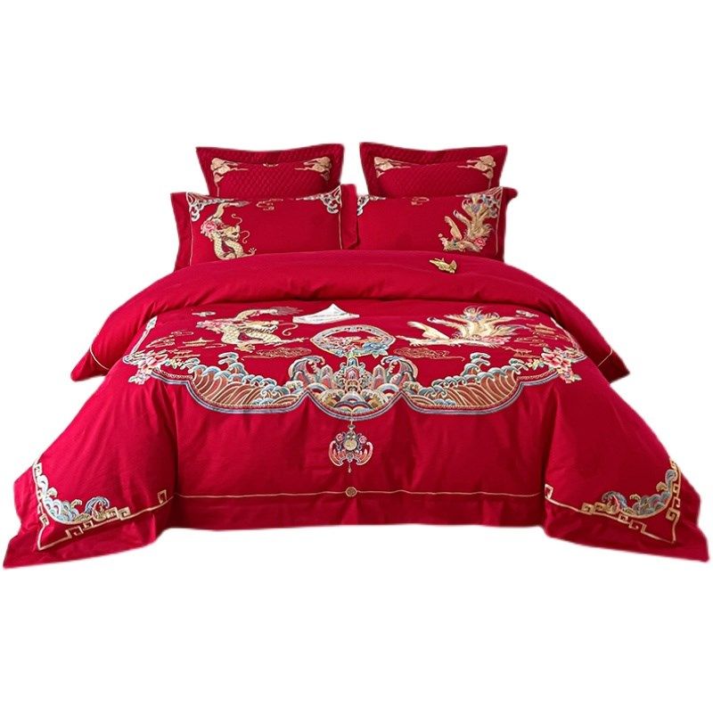 龙凤刺绣四件套大红色结婚床上用品中式婚庆全棉秋冬磨毛保暖,淘宝优惠券,粉丝福利购,淘宝优惠卷