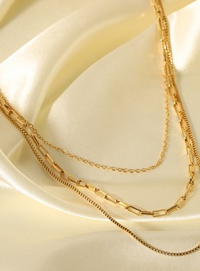 欧美ins时尚i三层不锈钢项链18K镀金高级感气质锁骨链钛钢饰品