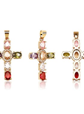 欧美创意复古十字架项链微镶彩色锆石嘻哈男女潮搭宝石吊坠