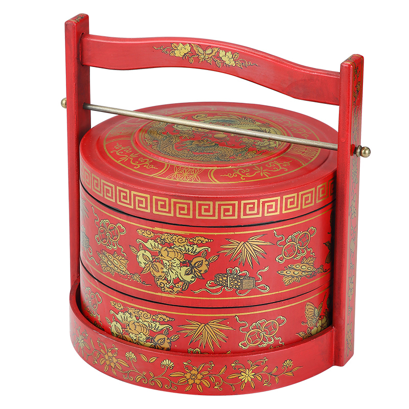 仿古新中式手提篮多层道具送餐饭盒木质食盒结婚庆陪嫁红色复古装-图3
