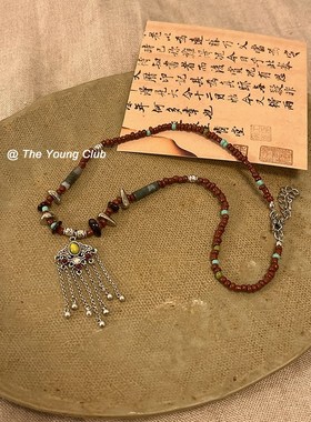手工串珠藏式复古流n苏项链民族风森系眉心坠异域风锁骨链复古颈