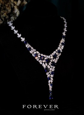 新款奢华新娘蓝锆石项链耳环套装晚宴会婚礼首饰结婚纱礼服配饰品