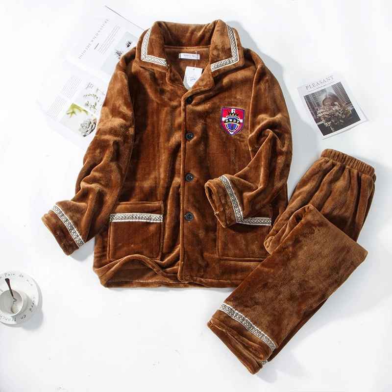 网红Winter Men Thick Flannel Pajamas Sets fleece Warm sleepw - 图0