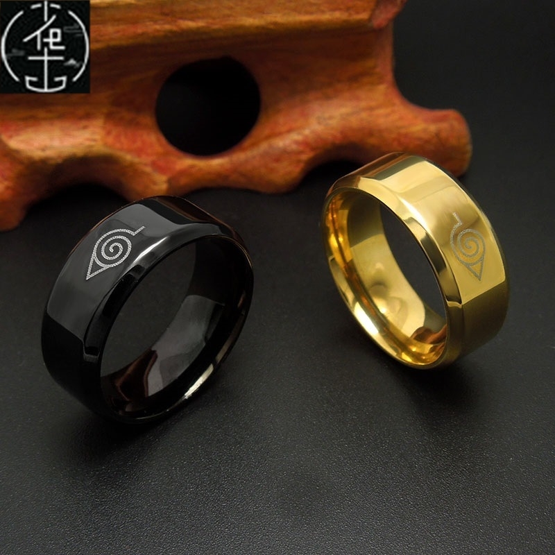 推荐8mm brushed Naruto Konoha sign 316L Stainless Steel Ring - 图0