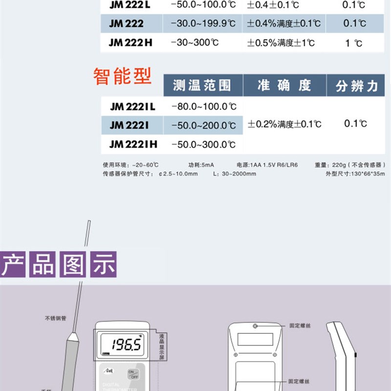 速发正品今明JM222LRH可携式数字温度表计感测器探针测温仪器高精 - 图2