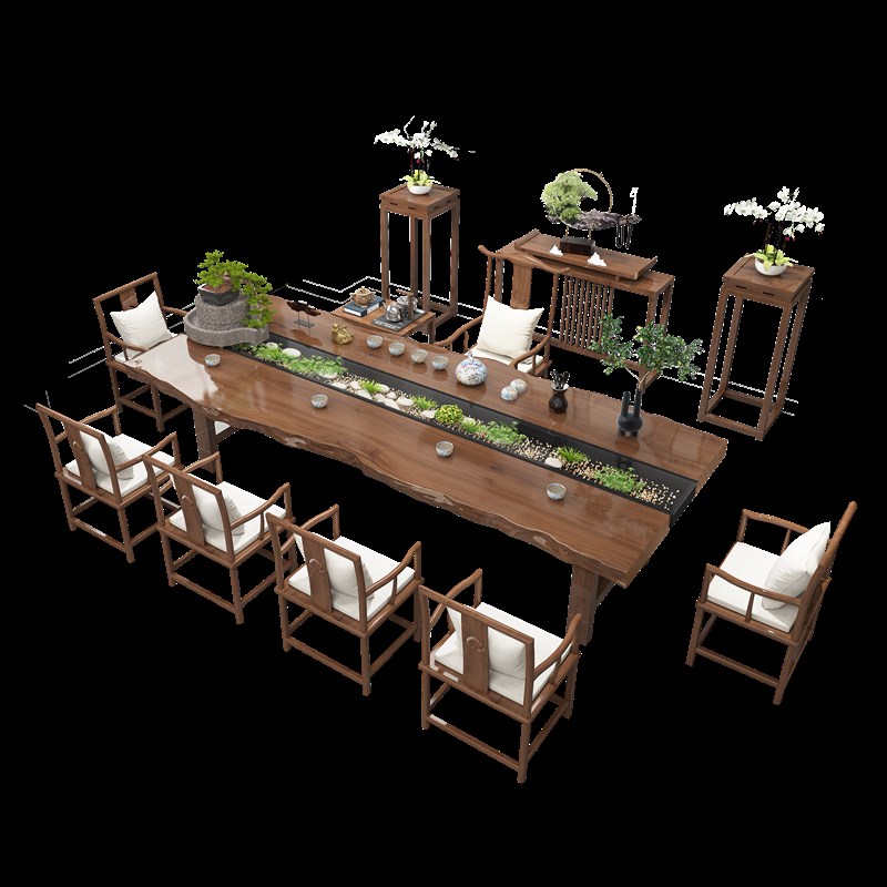 新中式实木循环流水茶桌椅组合原木大板桌办公室功夫茶几养鱼茶台 - 图3