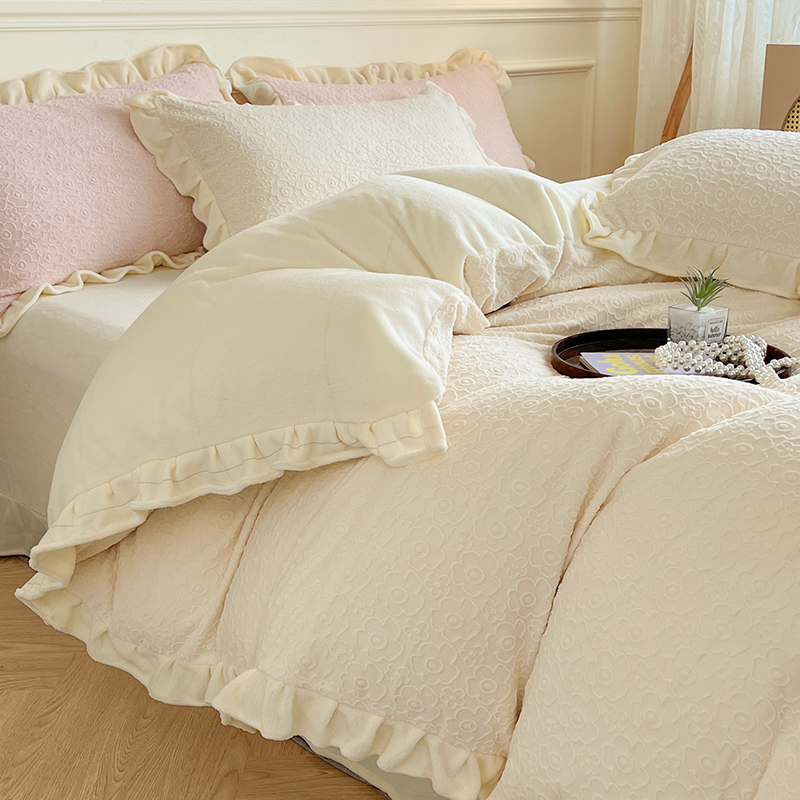 母婴级牛奶绒雕花床上四件套珊瑚法兰绒L床单被套冬季加类厚床